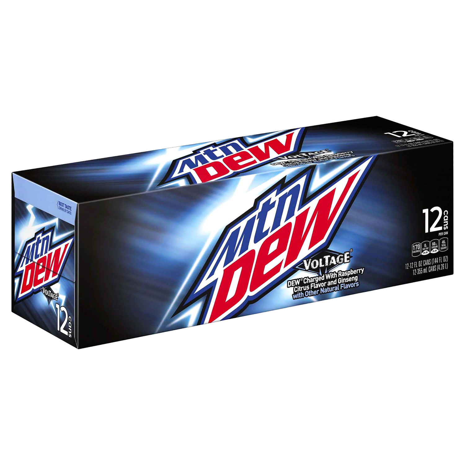 slide 1 of 2, Mountain Dew Voltage Soda Raspberry Citrus And Ginseng 12 Fl Oz, 12 Count, 12 ct; 12 oz