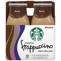 Starbucks Frappuccino Chilled Coffee Drink Mocha 9.5 Fl Oz 4 Count Bottle