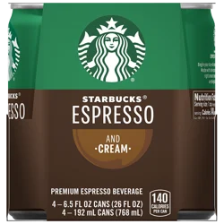 Starbucks Double Shot Espresso Premium Beverage Espresso & Cream 6.5 Fl Oz 4 Count Can
