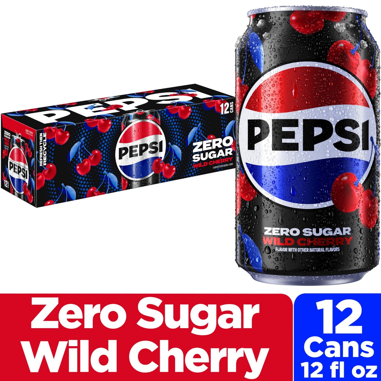 slide 1 of 1, Pepsi Cola Zero Sugar, Wild Cherry, 12 ct; 12 fl oz