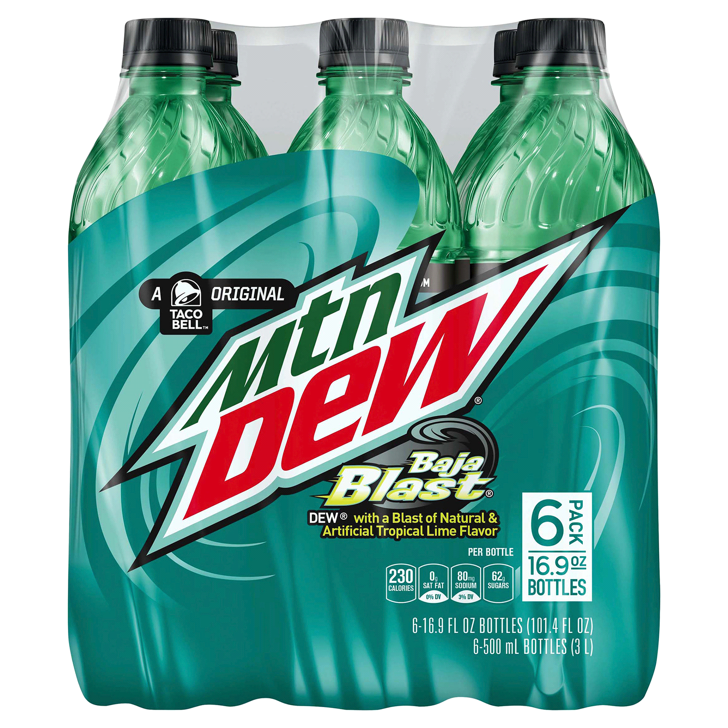 slide 1 of 4, Mountain Dew Baja Blast DEW Tropical Lime Flavor 16.9 Fl Oz, 6 Count, 6 ct; 16.9 oz