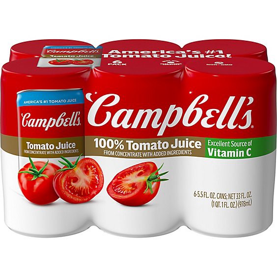 slide 1 of 10, Campbell's 100% Tomato Juice - 6-5.5 Fl. Oz., 6 ct; 5.5 fl oz