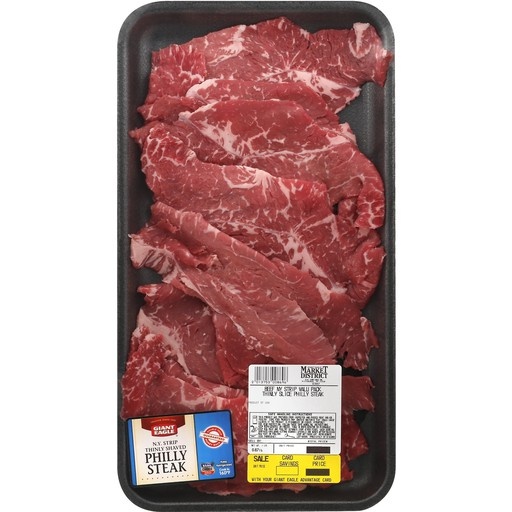 slide 1 of 1, Market District Beef New York Strip Philly Steak Thinly Shaved, Choice, Value Pack, per lb