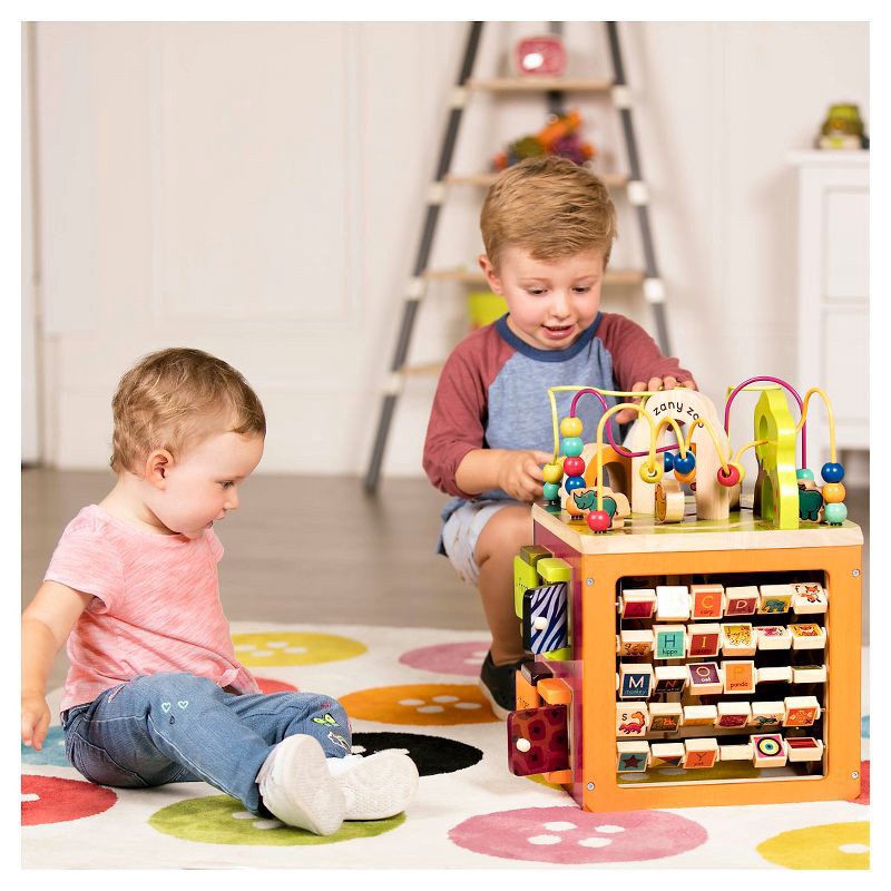 slide 2 of 10, B. toys Wooden Activity Cube - Zany Zoo: Educational Play with Animals, Spinners, Bead Rollercoaster, Functional Doors, 1 ct