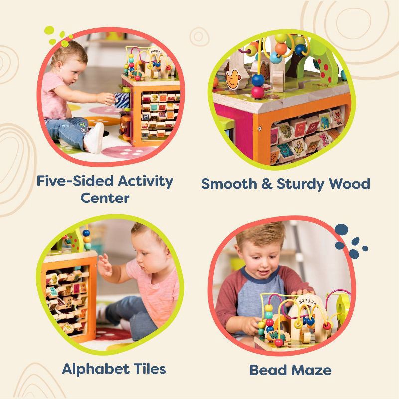 slide 3 of 10, B. toys Wooden Activity Cube - Zany Zoo: Educational Play with Animals, Spinners, Bead Rollercoaster, Functional Doors, 1 ct