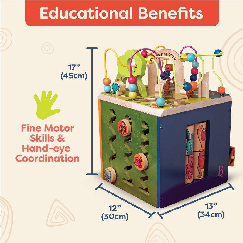 slide 4 of 10, B. toys Wooden Activity Cube - Zany Zoo: Educational Play with Animals, Spinners, Bead Rollercoaster, Functional Doors, 1 ct