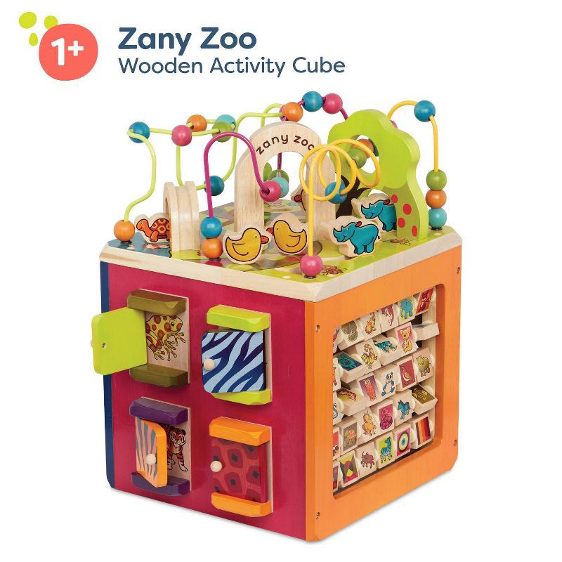 slide 5 of 10, B. toys Wooden Activity Cube - Zany Zoo: Educational Play with Animals, Spinners, Bead Rollercoaster, Functional Doors, 1 ct