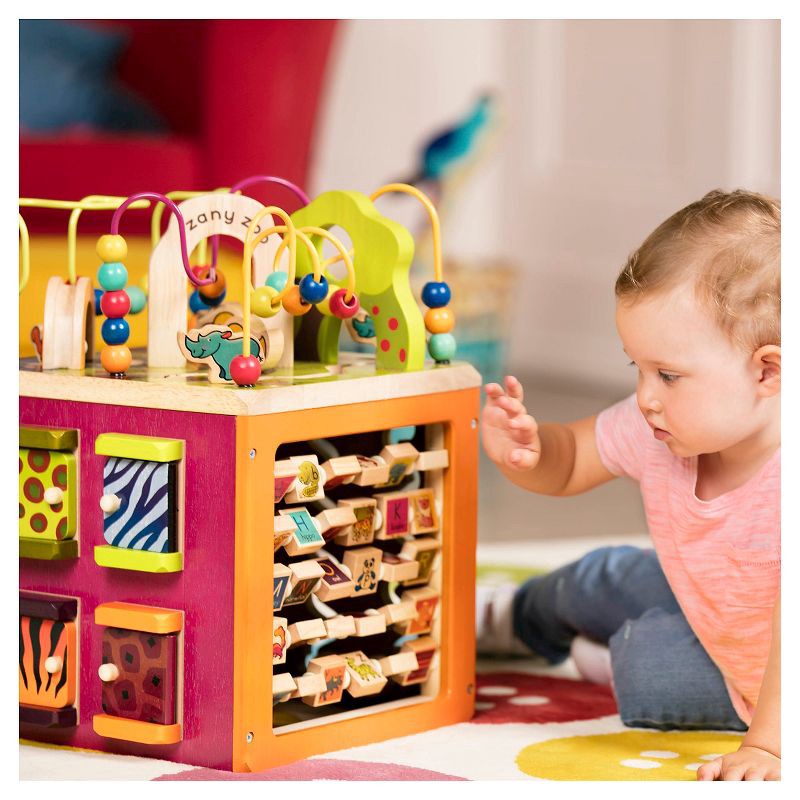 slide 6 of 10, B. toys Wooden Activity Cube - Zany Zoo: Educational Play with Animals, Spinners, Bead Rollercoaster, Functional Doors, 1 ct