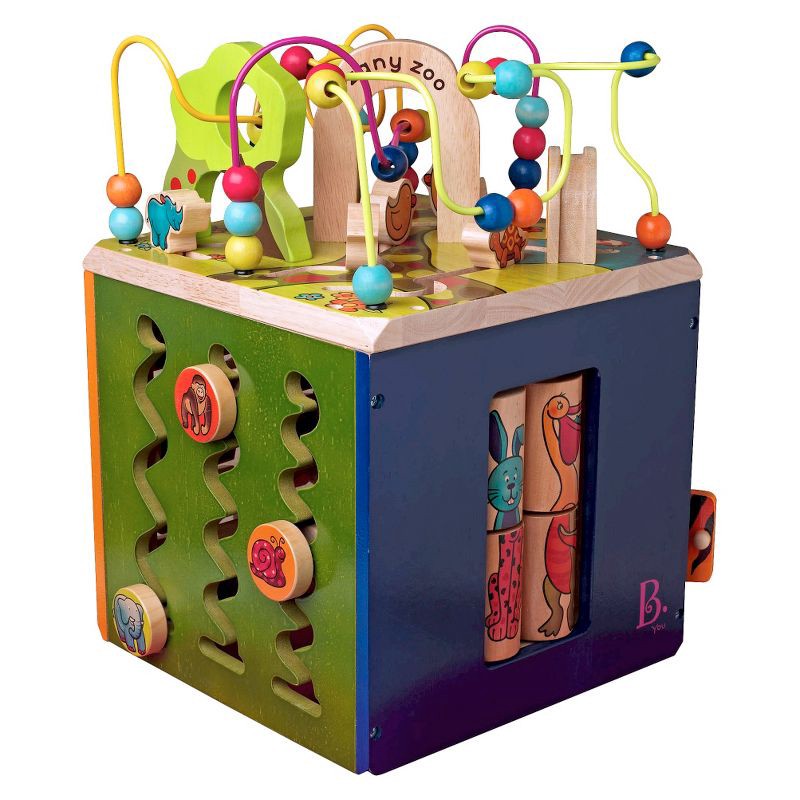 slide 8 of 10, B. toys Wooden Activity Cube - Zany Zoo: Educational Play with Animals, Spinners, Bead Rollercoaster, Functional Doors, 1 ct