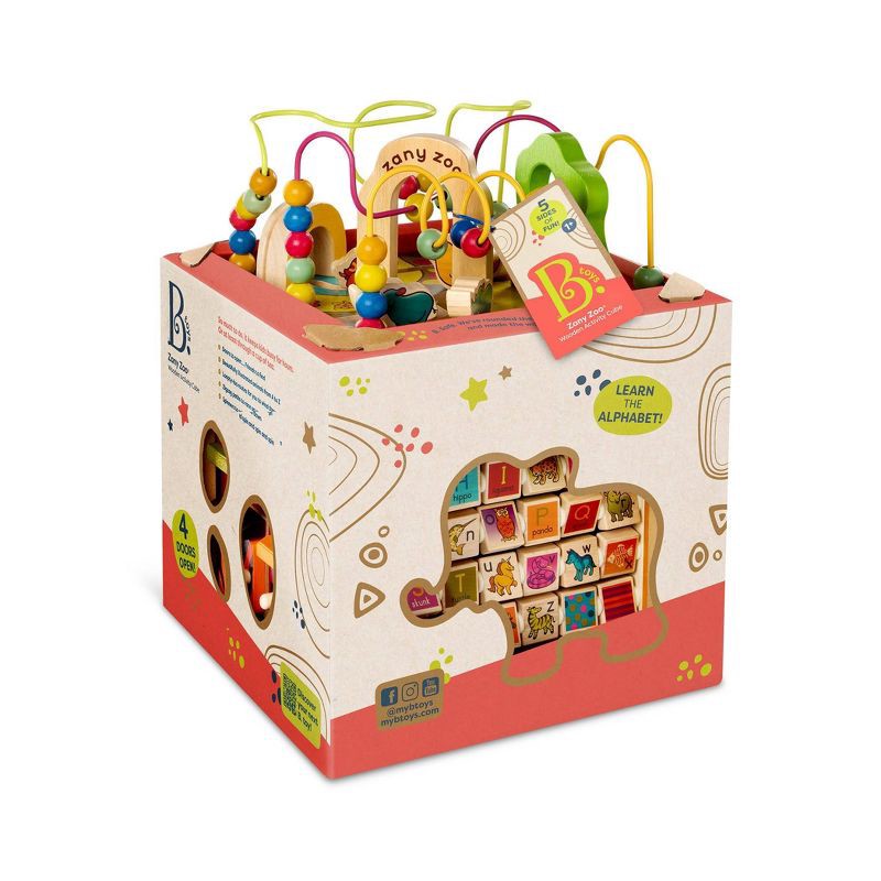 slide 10 of 10, B. toys Wooden Activity Cube - Zany Zoo: Educational Play with Animals, Spinners, Bead Rollercoaster, Functional Doors, 1 ct
