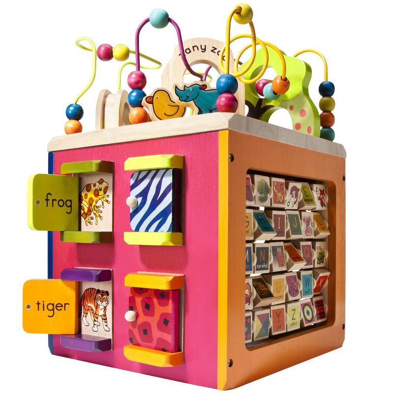 slide 1 of 10, B. toys Wooden Activity Cube - Zany Zoo: Educational Play with Animals, Spinners, Bead Rollercoaster, Functional Doors, 1 ct