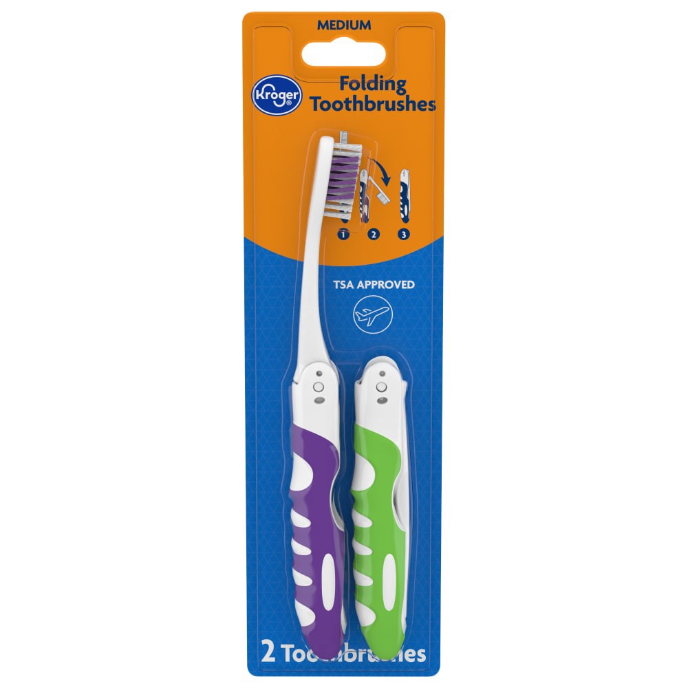 slide 3 of 5, Kroger Foldable Toothbrush, 2 ct