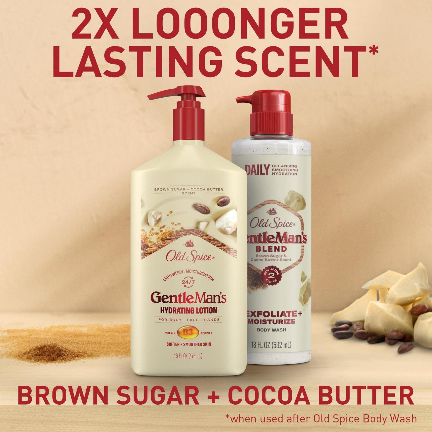 slide 2 of 5, Old Spice Hand, Face and Body Lotion for all skin types, 24/7 Lightweight Moisturization with Vitamin B3, Brown Sugar and Cocoa Butter Scent, Instant Absorption 16 oz, 16 oz