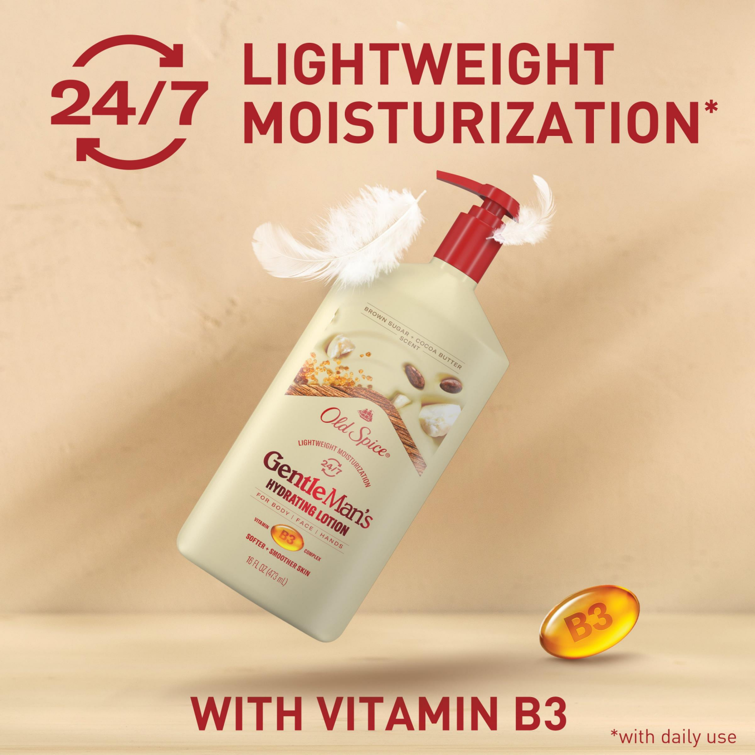 slide 4 of 5, Old Spice Hand, Face and Body Lotion for all skin types, 24/7 Lightweight Moisturization with Vitamin B3, Brown Sugar and Cocoa Butter Scent, Instant Absorption 16 oz, 16 oz