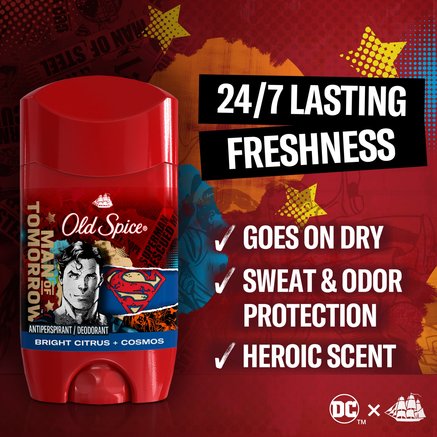 slide 6 of 8, Old Spice Antiperspirant and Deodorant for Men, 24/7 Freshness, Long Lasting Sweat and Odor Protection, Smell Like a Hero, Superman, Bright Citrus and Cosmos Scent, 2.6oz, 2.6 oz