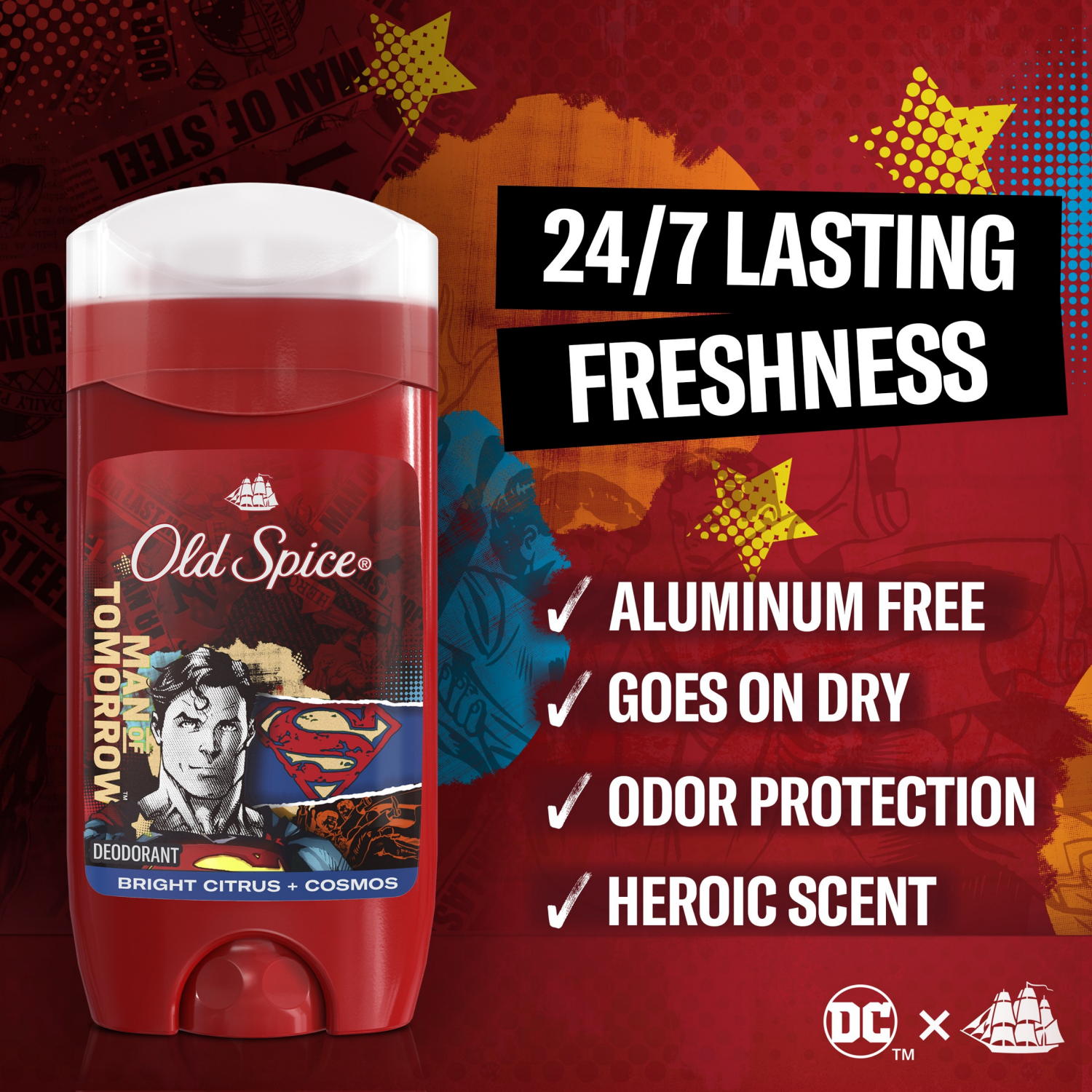 slide 6 of 8, Old Spice Aluminum Free Deodorant for Men, 24/7 Freshness, Long Lasting Odor Protection, Smell Like a Hero, Superman, Bright Citrus and Cosmos Scent, 3oz, 3 oz