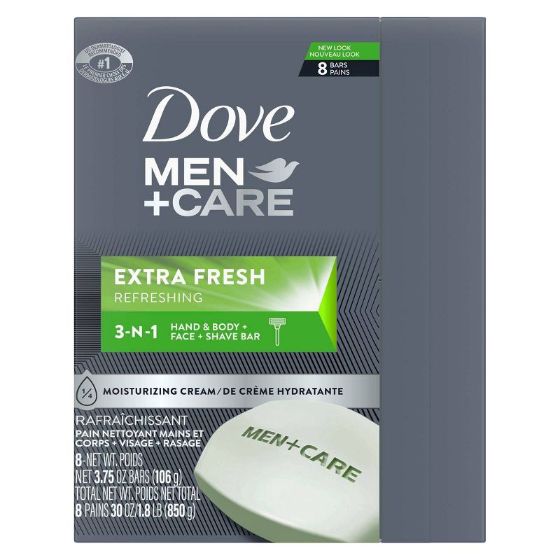 slide 2 of 9, Dove Men+Care Extra Fresh Body and Face Bar Soap - 8pk - 3.75oz each, 8 ct, 3.75 oz