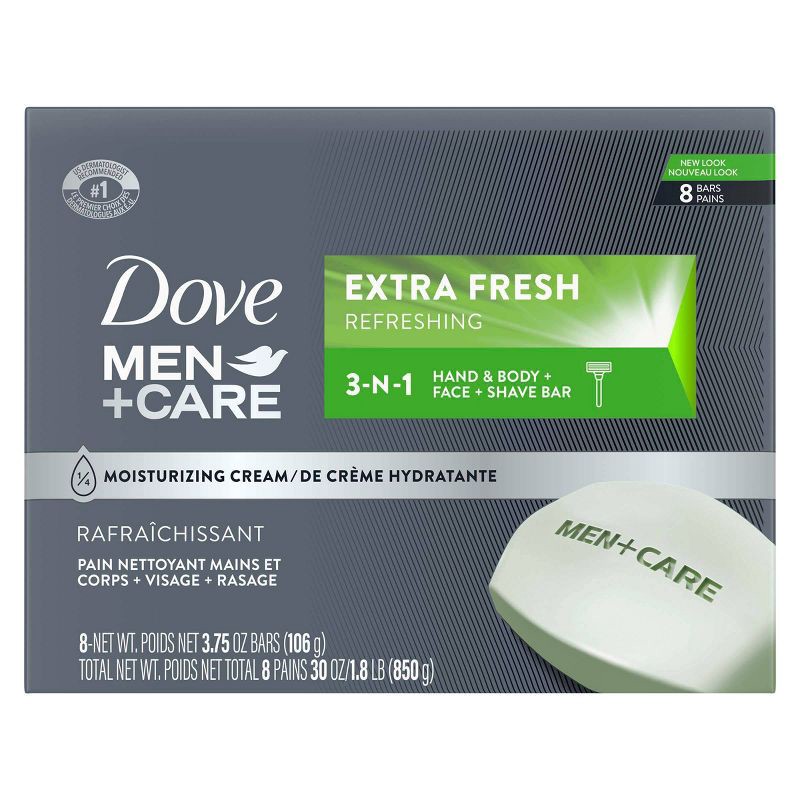slide 1 of 9, Dove Men+Care Extra Fresh Body and Face Bar Soap - 8pk - 3.75oz each, 8 ct, 3.75 oz