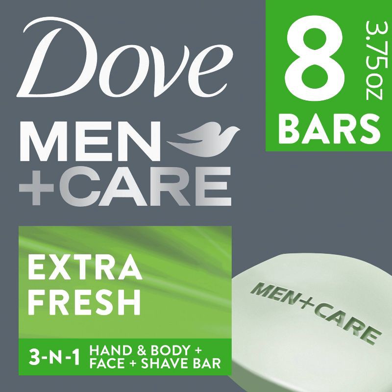 slide 1 of 9, Dove Men+Care Extra Fresh Body and Face Bar Soap - 8pk - 3.75oz each, 8 ct, 3.75 oz