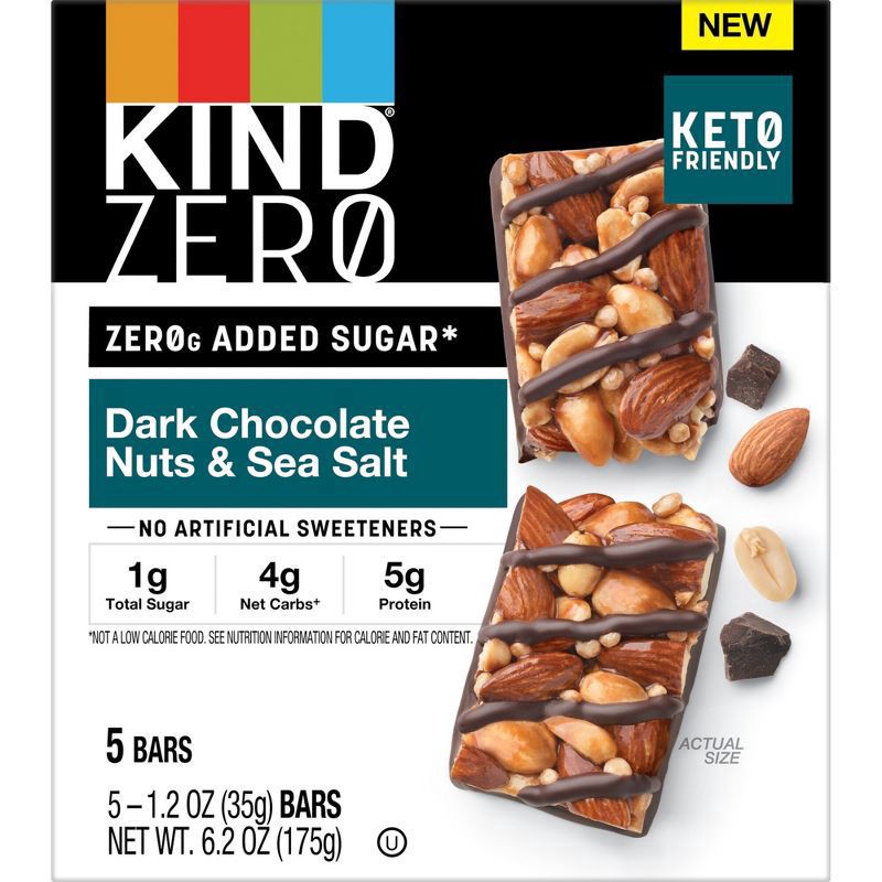slide 3 of 6, KIND ZERO Dark Chocolate Nuts & Sea Salt Nut Bars, 5 ct