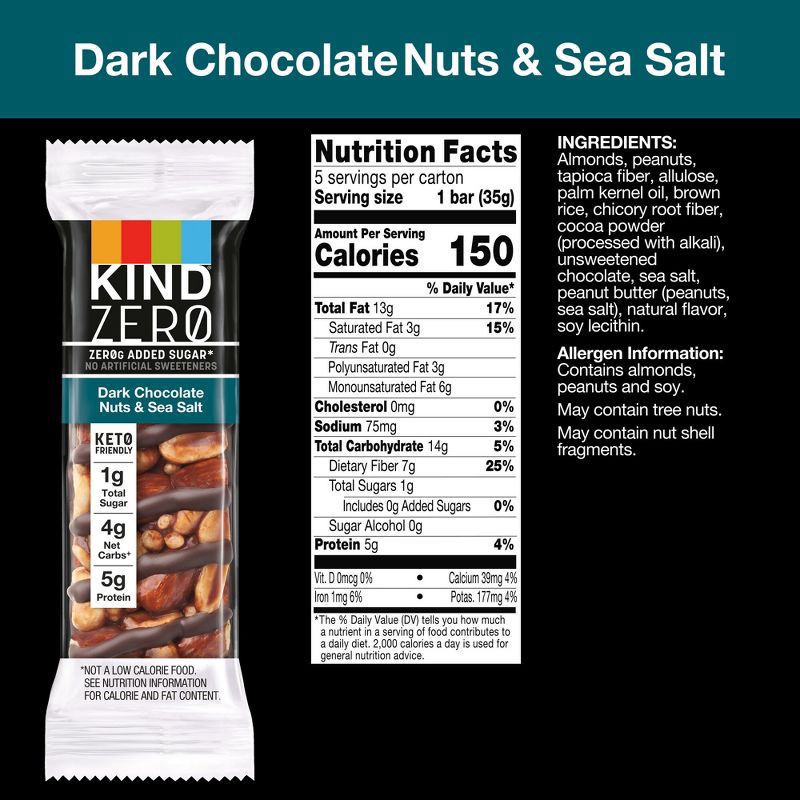 slide 6 of 6, KIND ZERO Dark Chocolate Nuts & Sea Salt Nut Bars, 5 ct