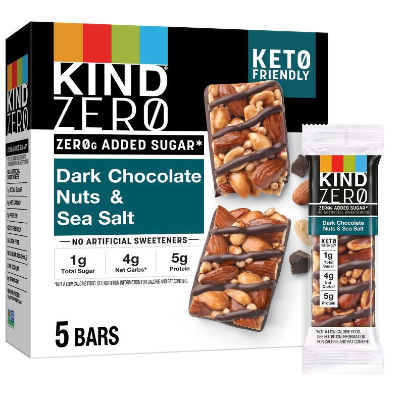 slide 1 of 6, KIND ZERO Dark Chocolate Nuts & Sea Salt Nut Bars, 5 ct