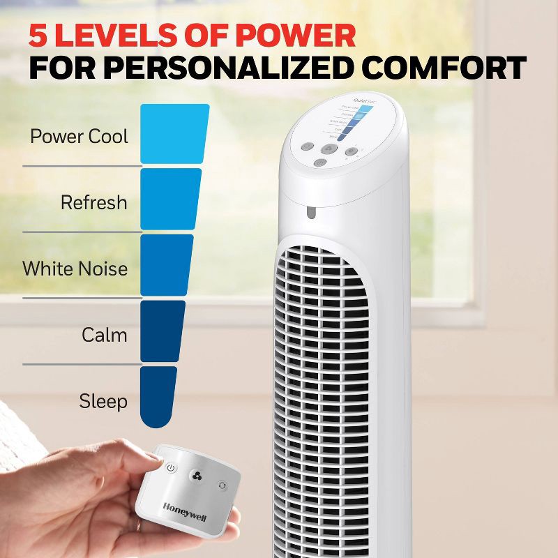 slide 5 of 10, Honeywell QuietSet 5 Speed Oscillating Tower Fan White HYF260W: Standing Floor Fan, Quiet Cooling, Programmable Timer, 1 ct