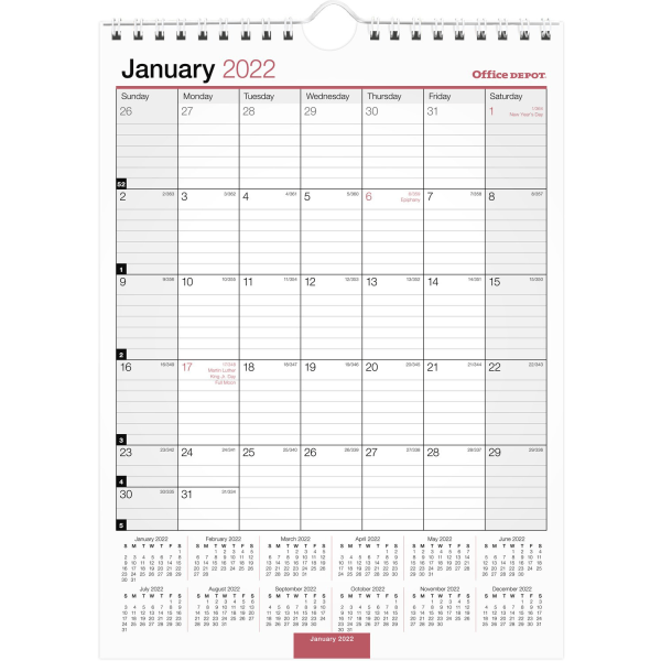 slide 1 of 1, Office Depot Brand Monthly Wall Calendar, 8'' X 11'', White, January To December 2022, Od301328, 1 ct