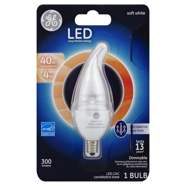 slide 1 of 1, GE LED 4-Watt Soft White Bent Tip Candelabra Base Clear Finish Light Bulb, 1 ct