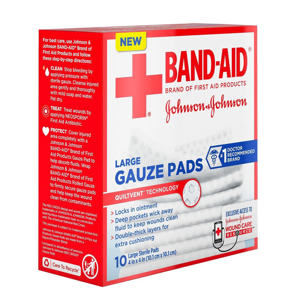 slide 8 of 9, Johnson & Johnson Band-Aid Brand Cushion Care Gauze Pads, Large, 4 in x 4 in - 10 ct, 10 ct