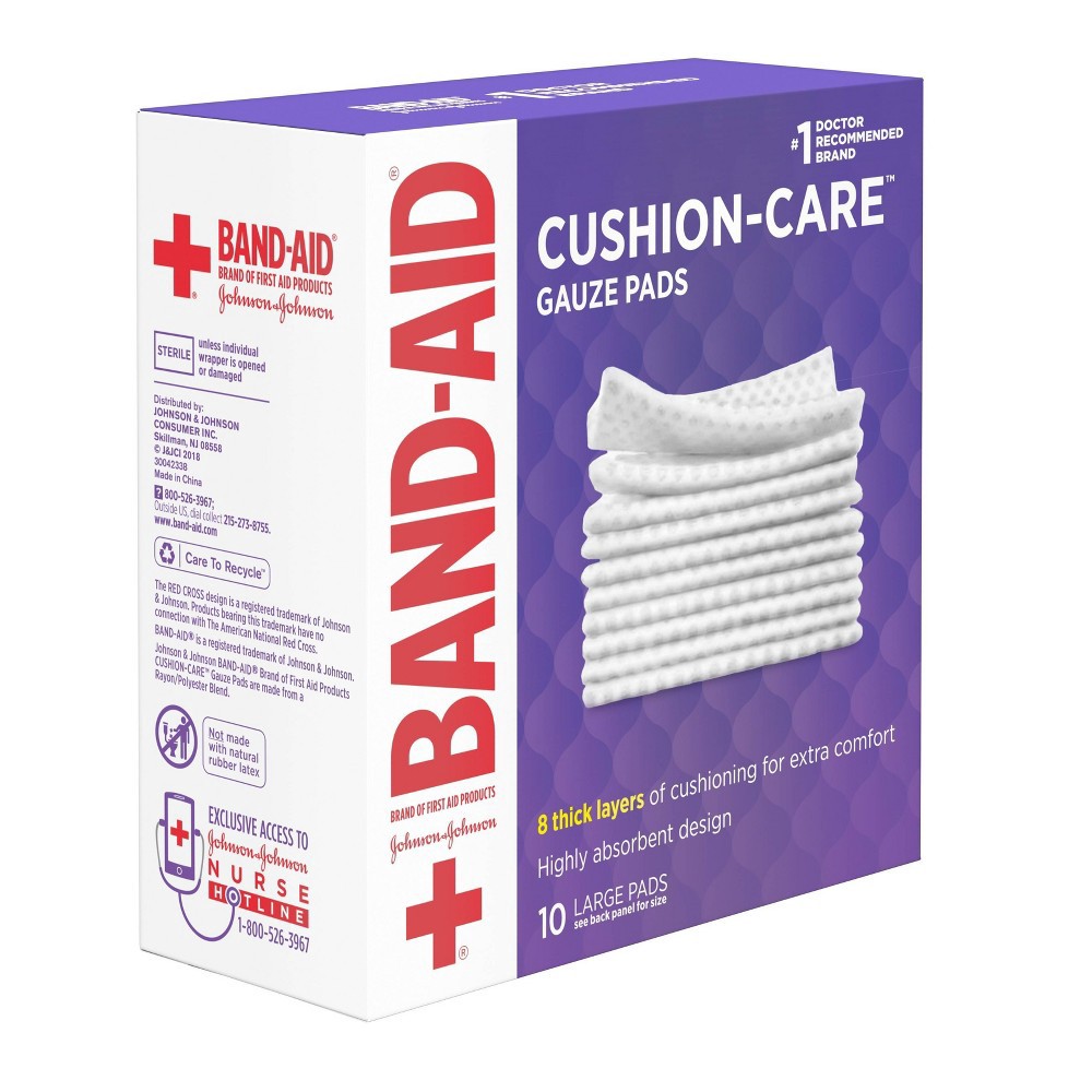slide 2 of 9, Johnson & Johnson Band-Aid Brand Cushion Care Gauze Pads, Large, 4 in x 4 in - 10 ct, 10 ct
