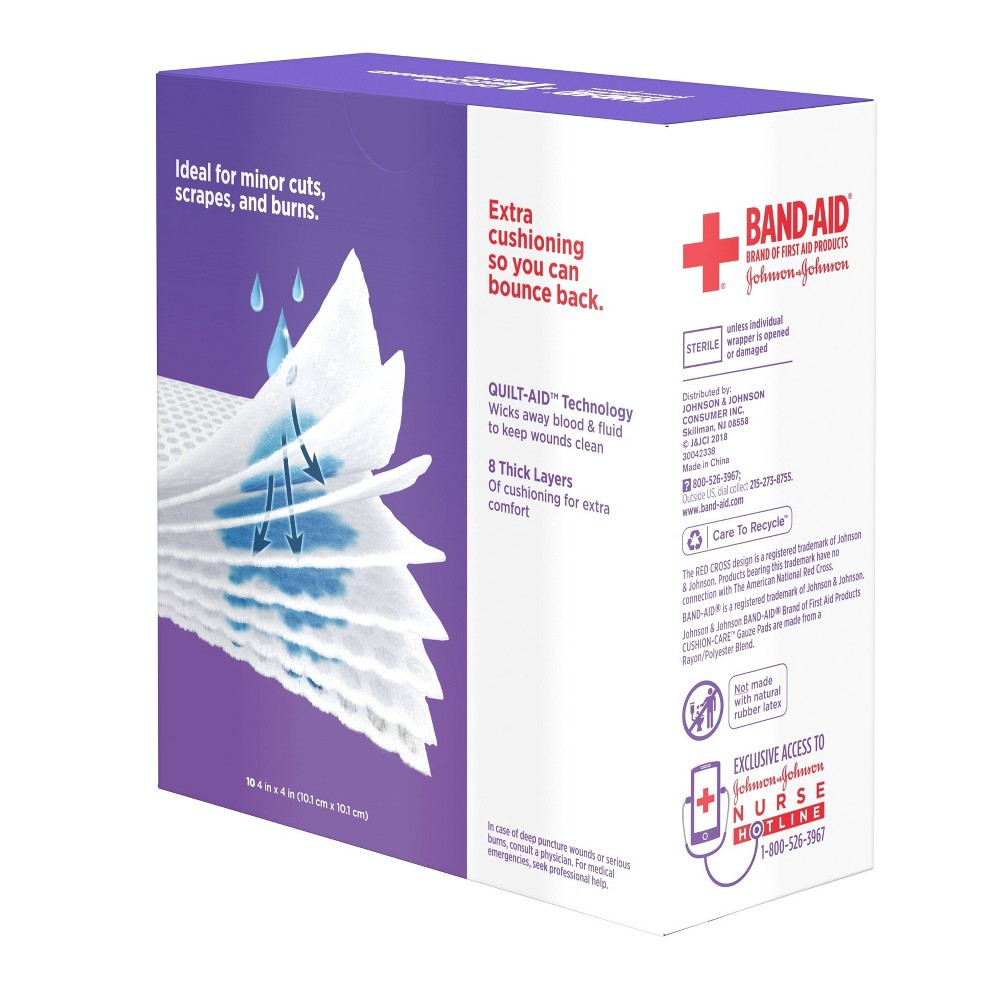 slide 9 of 9, Johnson & Johnson Band-Aid Brand Cushion Care Gauze Pads, Large, 4 in x 4 in - 10 ct, 10 ct