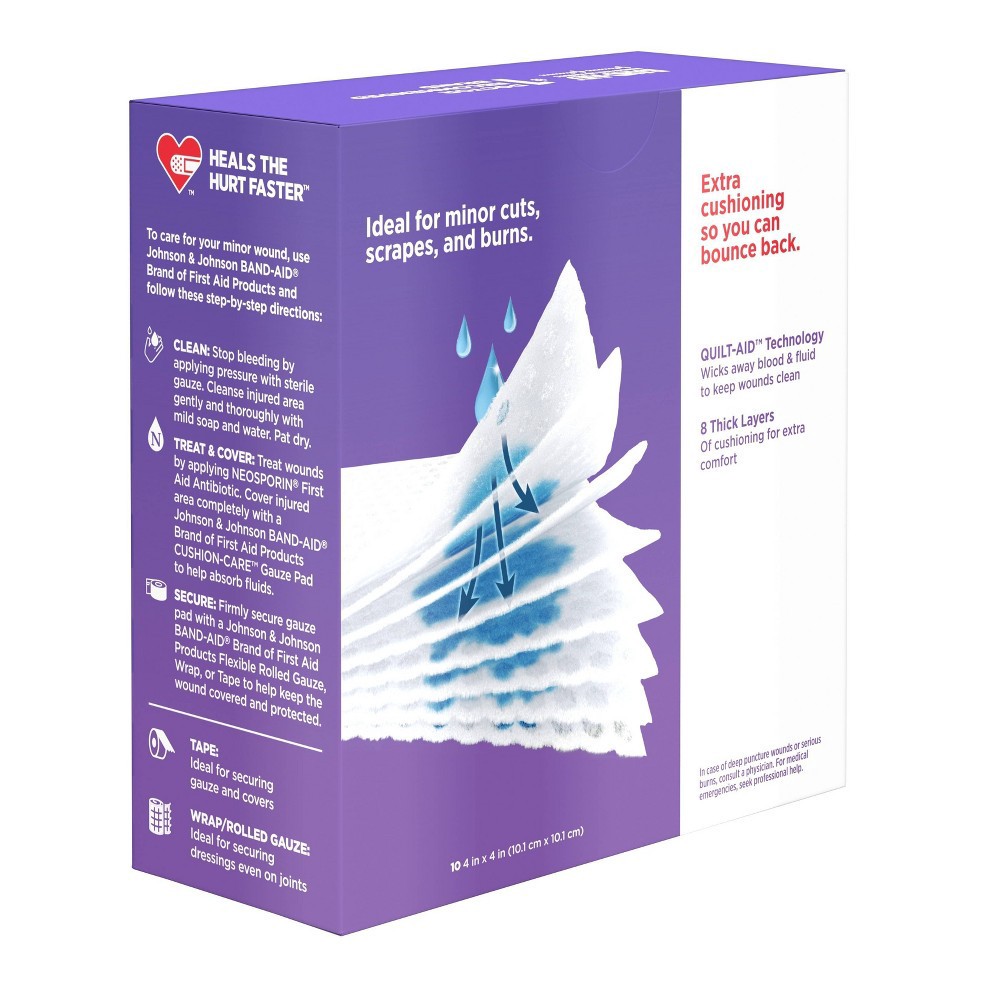 slide 6 of 9, Johnson & Johnson Band-Aid Brand Cushion Care Gauze Pads, Large, 4 in x 4 in - 10 ct, 10 ct