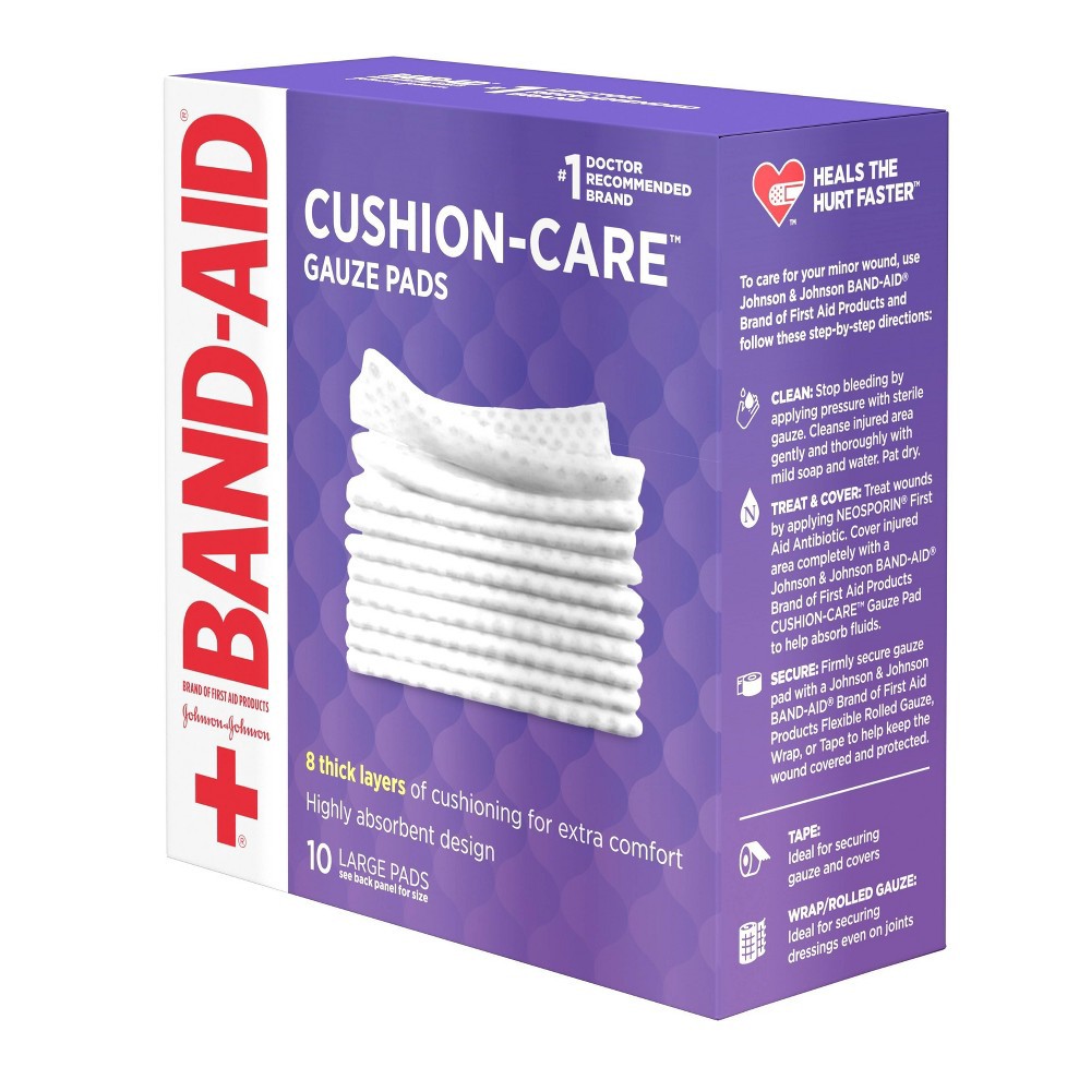 slide 7 of 9, Johnson & Johnson Band-Aid Brand Cushion Care Gauze Pads, Large, 4 in x 4 in - 10 ct, 10 ct