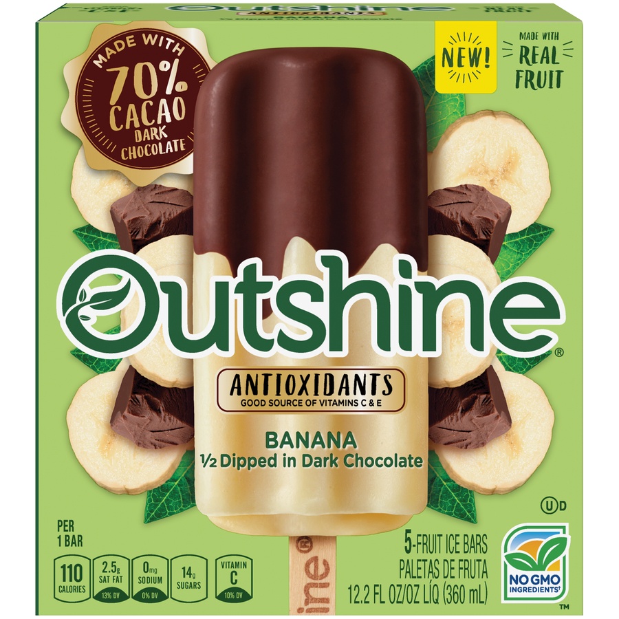 slide 1 of 6, Outshine 1/2 Dipped In Dark Chocolate Banana Fruit Bars 5 Ct Box, 12.2 fl oz