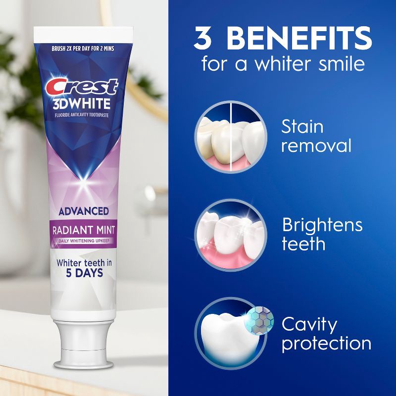 slide 5 of 11, Crest 3D White Advanced Teeth Whitening Toothpaste - Radiant Mint - 3.3 oz, 3.3 oz