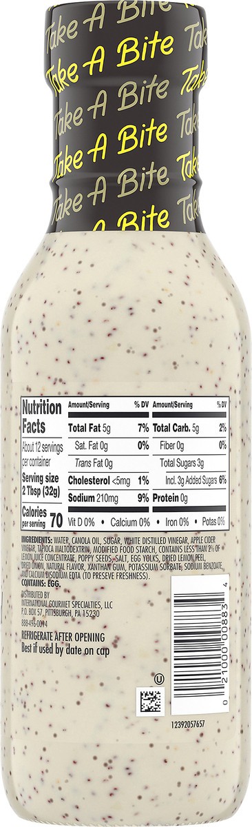 slide 2 of 9, Bitten Creamy Lemon Poppy Seed Dressing with Real Fruit, 12 fl oz Bottle, 12 fl oz