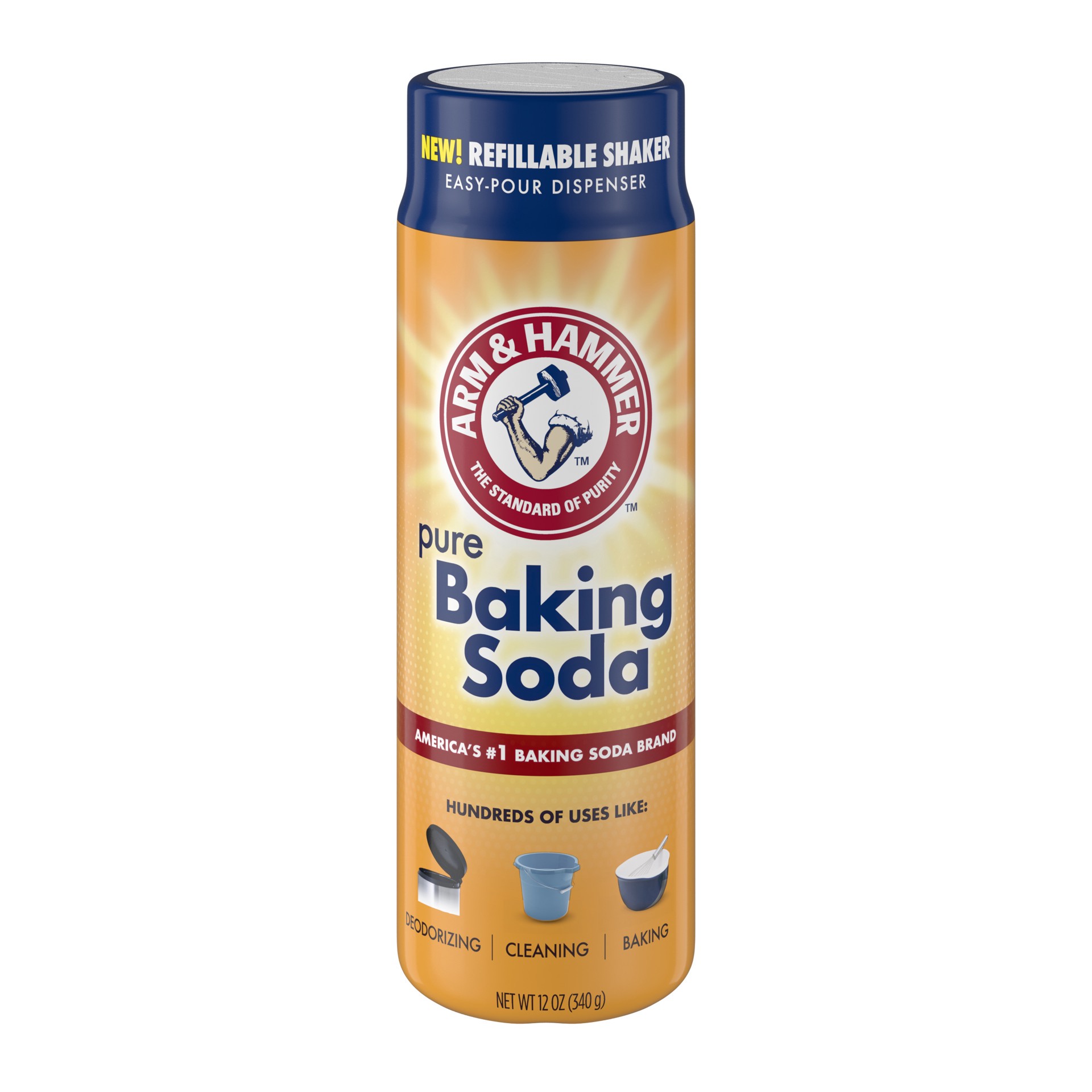 slide 1 of 4, ARM & HAMMER Baking Soda Refillable Shaker, For Baking, Cleaning & Deodorizing, 12 oz, 12 oz