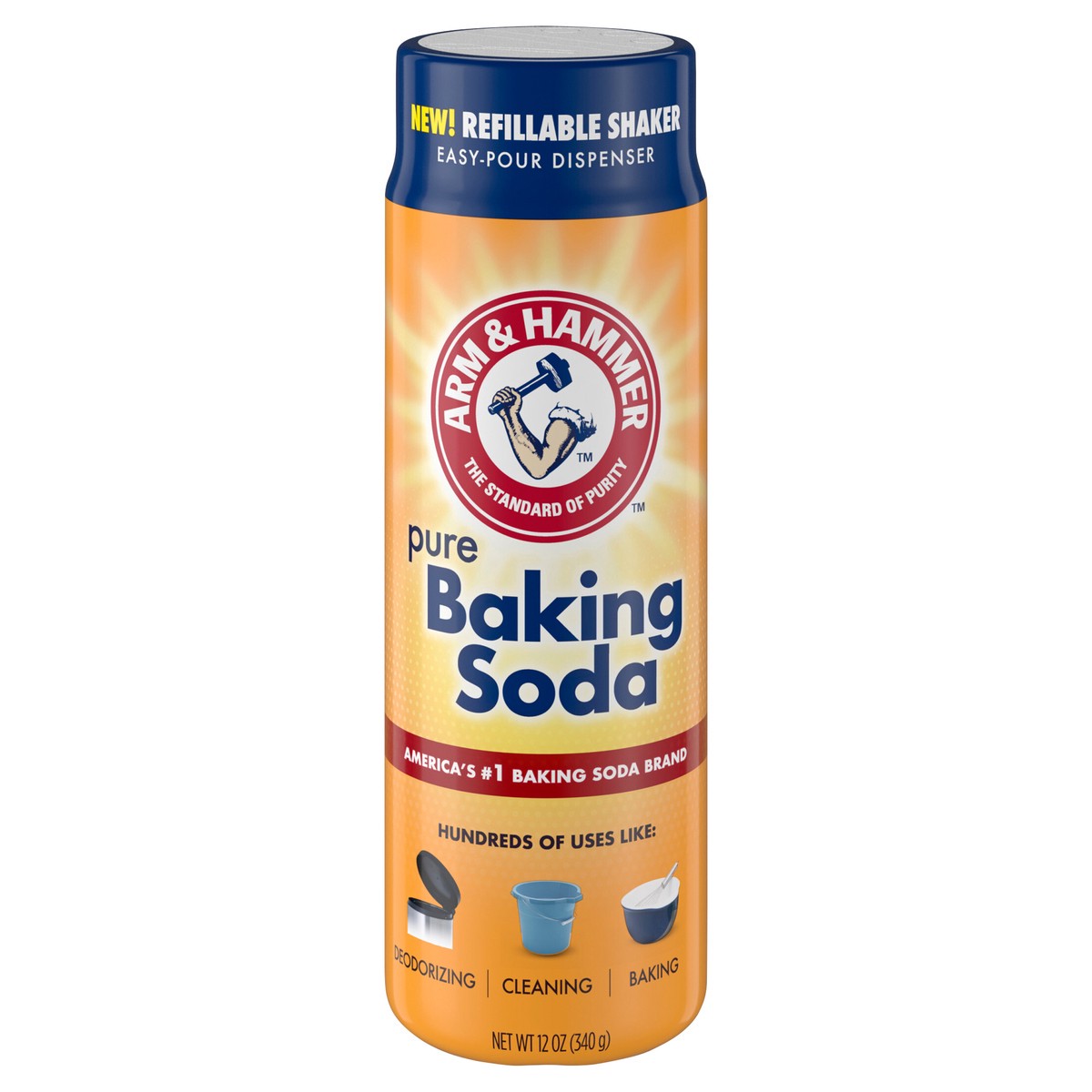 slide 1 of 4, ARM & HAMMER Baking Soda Refillable Shaker, For Baking, Cleaning & Deodorizing, 12 oz, 12 oz