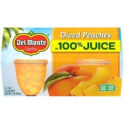 Del Monte Peaches Diced In Lightly Sweetened Juice + Water Cups - 4-4 Oz