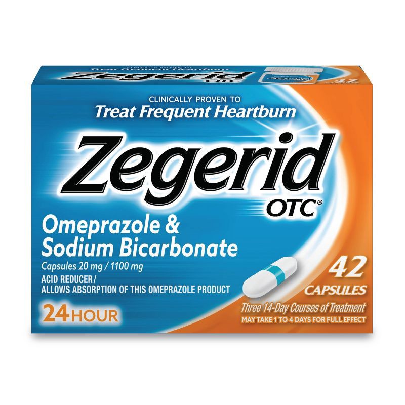slide 1 of 8, Zegerid OTC Omeprazole 20mg and Sodium Bicarbonate Acid Reducer for Frequent Heartburn Capsules - 42ct, 42 ct; 20 mg