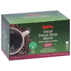Hy-vee Medium Roast Decaf Donut Shop Blend 100% Arabica Coffee Single Serve Cups - 12 ct