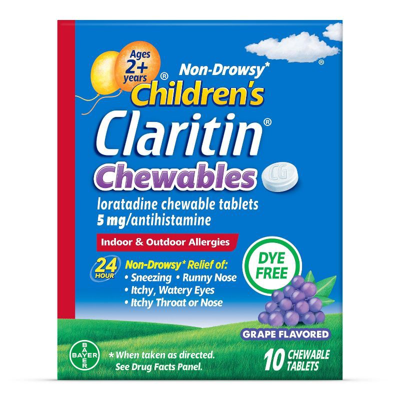 slide 1 of 10, Children's Claritin Loratadine Allergy Relief 24 Hour Non-Drowsy Grape Chewable Tablets - 10ct, 10 ct