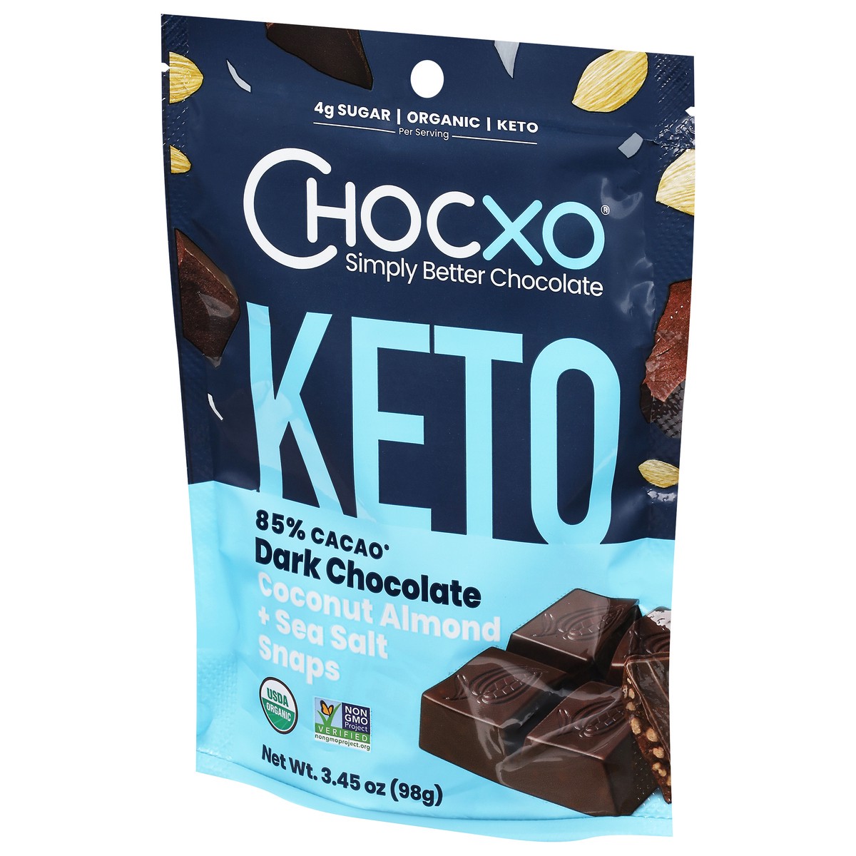 slide 6 of 9, ChocXo 85% Cacao Keto Dark Chocolate Coconut Almond + Sea Salt Snaps 3.45 oz, 3.45 oz