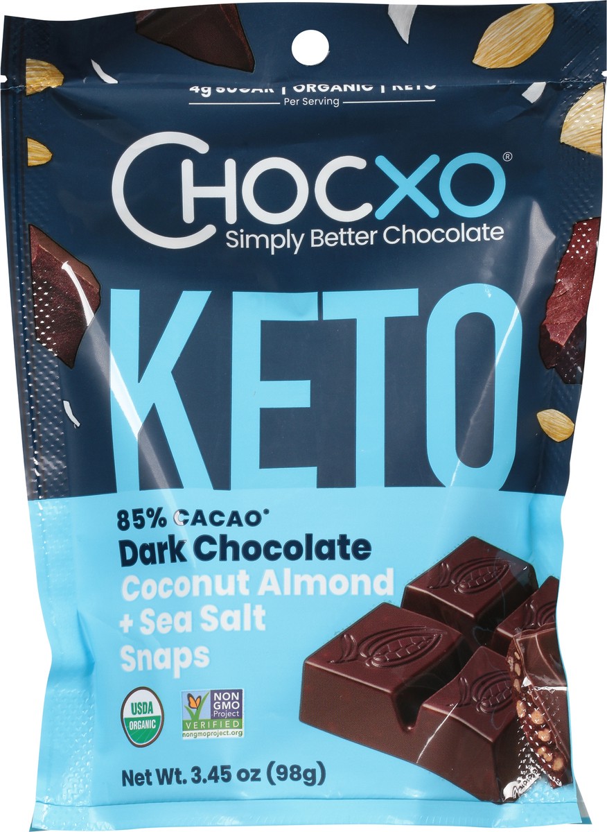 slide 9 of 9, ChocXo 85% Cacao Keto Dark Chocolate Coconut Almond + Sea Salt Snaps 3.45 oz, 3.45 oz