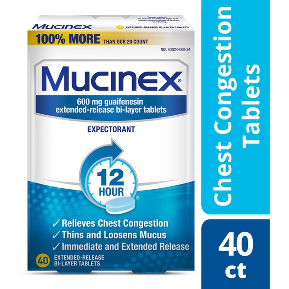 slide 1 of 1, Mucinex 12-Hour Chest Congestion Expectorant Tablets, 40 ct