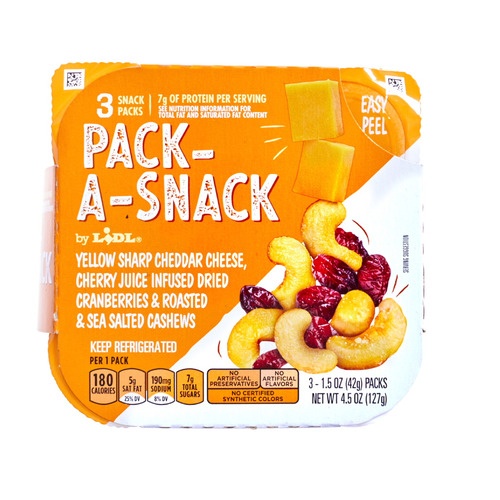 slide 1 of 1, Lidl pack-a-snack, yellow sharp cheddar cheese, cherry juice infused dried cranberries & sea salted cashews, 4.5 oz