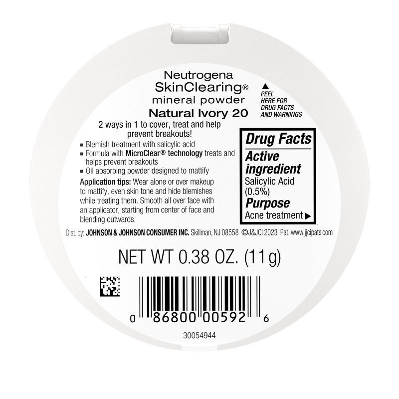 slide 8 of 9, Neutrogena SkinClearing Mineral Acne-Concealing Pressed Powder with Salicylic Acid to Help Cover, Treat & Prevent Breakouts - 20 Natural Ivory, 1 ct