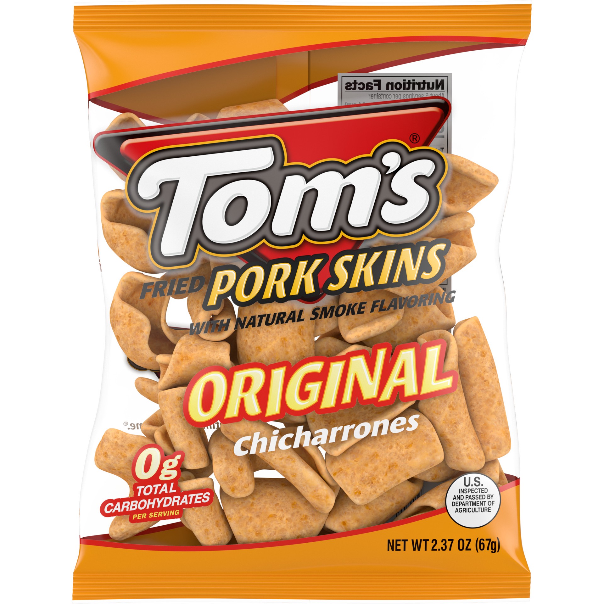 slide 1 of 5, Tom's Pork Skins, Original Flavor Chicharrones, 2.375 Oz, 2.37 oz