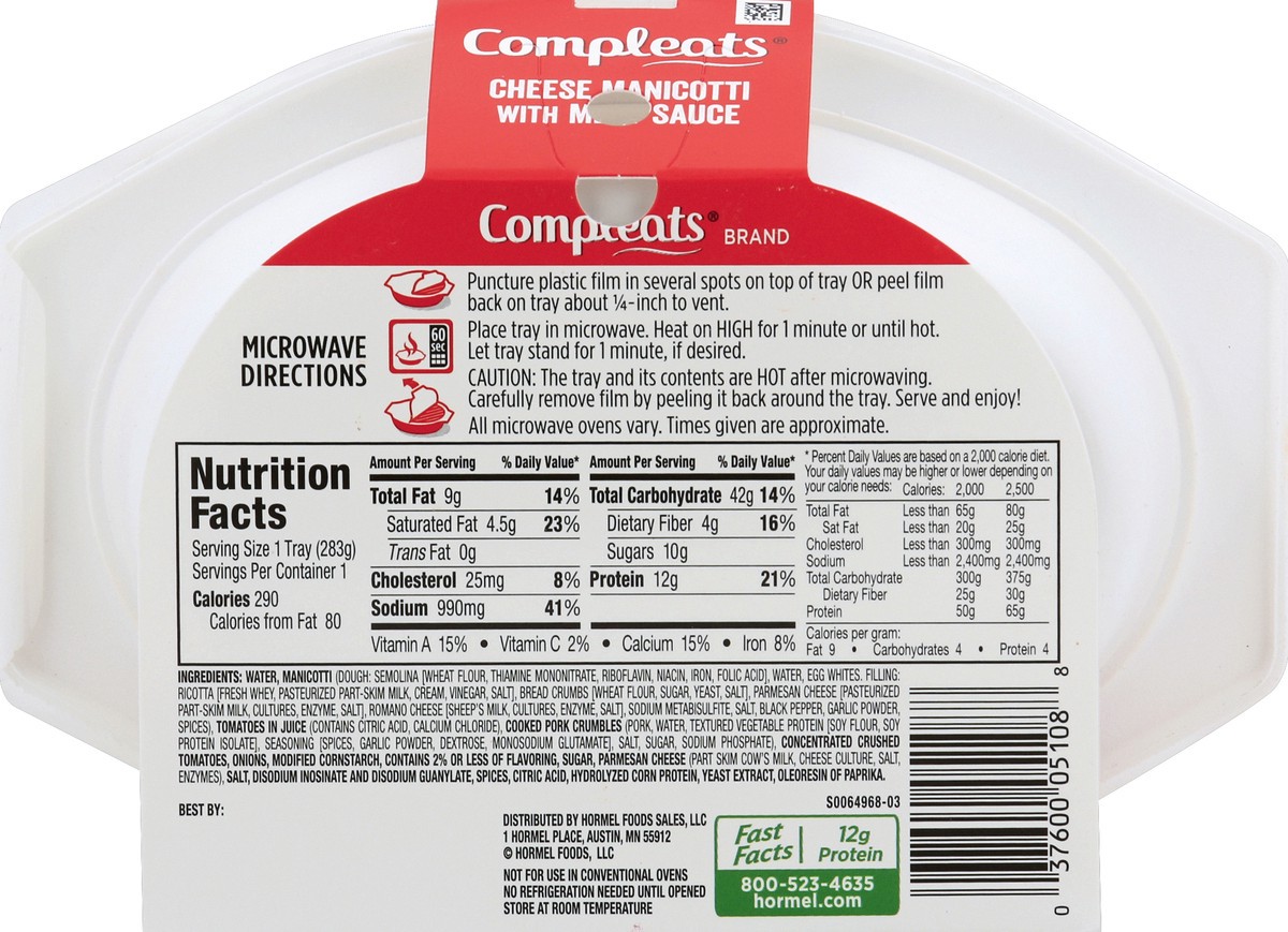 slide 6 of 6, HORMEL COMPLEATS Cheese Manicotti With Meat Sauce, 10 oz